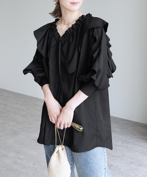 reca（レカ）の「フリル襟&フリル袖ブラウス（シャツ/ブラウス・レディース・ライトグレー/ブラック/アイボリー・M）」の5枚目の写真