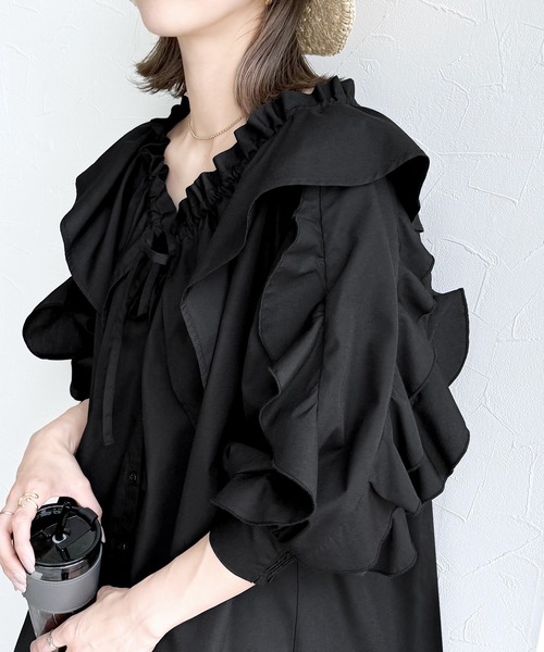 reca（レカ）の「フリル襟&フリル袖ブラウス（シャツ/ブラウス・レディース・ライトグレー/ブラック/アイボリー・M）」の4枚目の写真