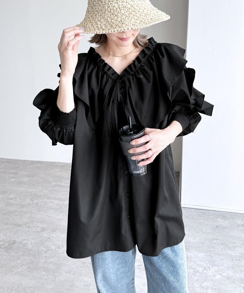 reca（レカ）の「フリル襟&フリル袖ブラウス（シャツ/ブラウス・レディース・ライトグレー/ブラック/アイボリー・M）」の6枚目の写真