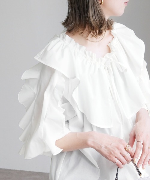 reca（レカ）の「フリル襟&フリル袖ブラウス（シャツ/ブラウス・レディース・ライトグレー/ブラック/アイボリー・M）」の14枚目の写真