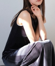 Reurie' | 【-5kg見え！】オリジナルビスチェベロアワンピース / シンプル きれいめ ノースリーブ タンクトップ お呼ばれ オケージョン シンプル ネイビー ブルー ブラウン ブラック 着痩せ(ワンピース)