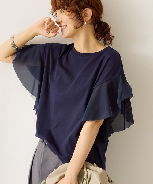 AMERICAN HOLIC(アメリカンホリック)の「袖チュールサイドスリットプルオーバー(Tシャツ/カットソー・レディース・アイボリー/ブラック/ネイビー・M/L)」の3枚目の写真