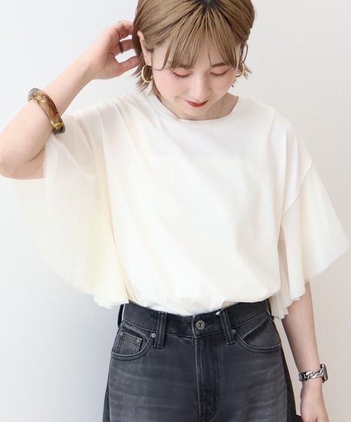 AMERICAN HOLIC(アメリカンホリック)の「袖チュールサイドスリットプルオーバー(Tシャツ/カットソー・レディース・アイボリー/ブラック/ネイビー・M/L)」の1枚目の写真