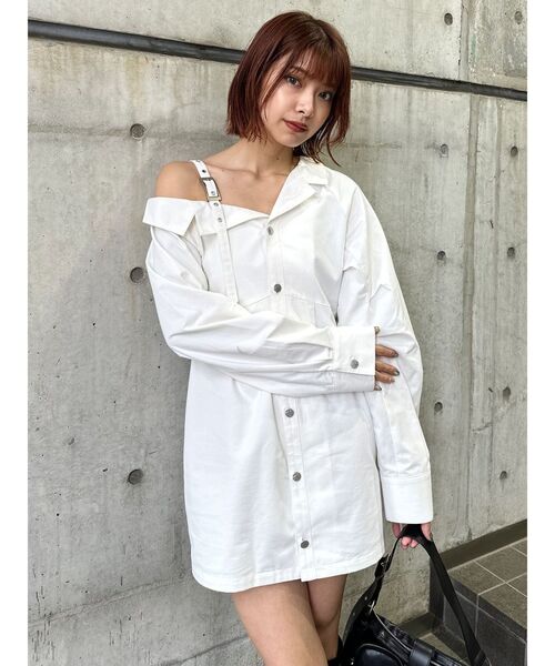 MURUA（ムルーア）の「アシメショルダーミニシャツワンピース（ワンピース・レディース・ホワイト/ベージュ/グレー・FREE）」の14枚目の写真