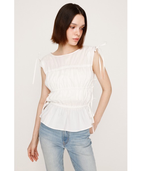SLY（スライ）の「GATHER RIBBON WOVEN BL ギャザーリボン ウーブン ブラウス 夏服 ノースリーブトップス（シャツ/ブラウス・レディース・ブラック/ホワイト/ライトブルー・FREE）」の5枚目の写真