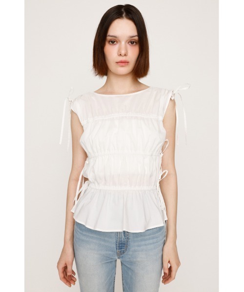 SLY（スライ）の「GATHER RIBBON WOVEN BL ギャザーリボン ウーブン ブラウス 夏服 ノースリーブトップス（シャツ/ブラウス・レディース・ブラック/ホワイト/ライトブルー・FREE）」の6枚目の写真