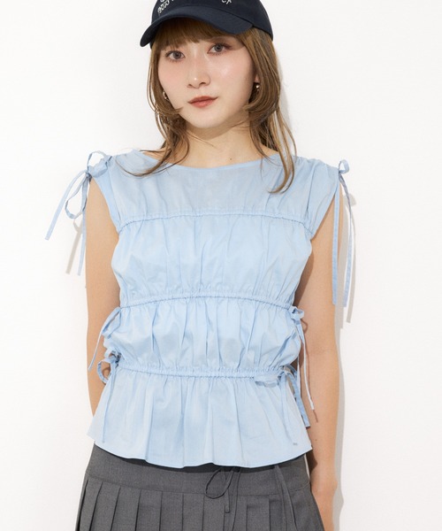 SLY（スライ）の「GATHER RIBBON WOVEN BL ギャザーリボン ウーブン ブラウス 夏服 ノースリーブトップス（シャツ/ブラウス・レディース・ブラック/ホワイト/ライトブルー・FREE）」の19枚目の写真