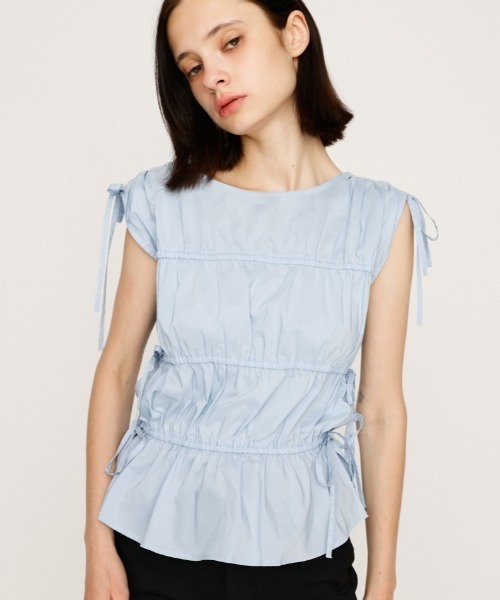 SLY（スライ）の「GATHER RIBBON WOVEN BL ギャザーリボン ウーブン ブラウス 夏服 ノースリーブトップス（シャツ/ブラウス・レディース・ブラック/ホワイト/ライトブルー・FREE）」の17枚目の写真