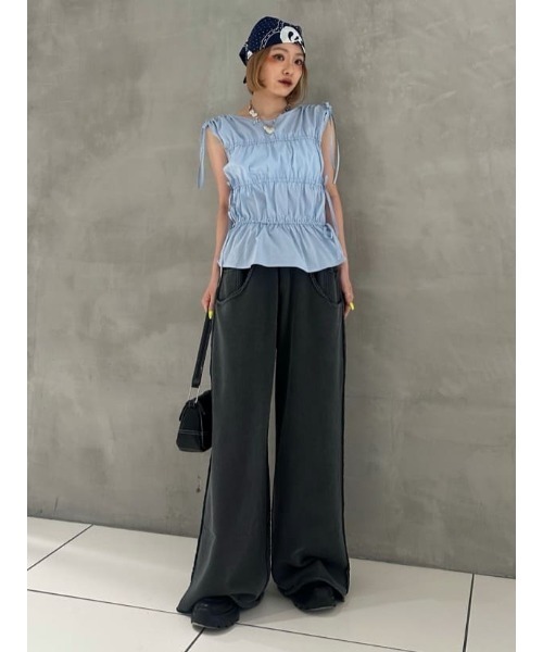 SLY(スライ)の「GATHER RIBBON WOVEN BL ギャザーリボン ウーブン ブラウス 夏服 ノースリーブトップス(シャツ/ブラウス・レディース・ブラック/ホワイト/ライトブルー・FREE)」の20枚目の写真