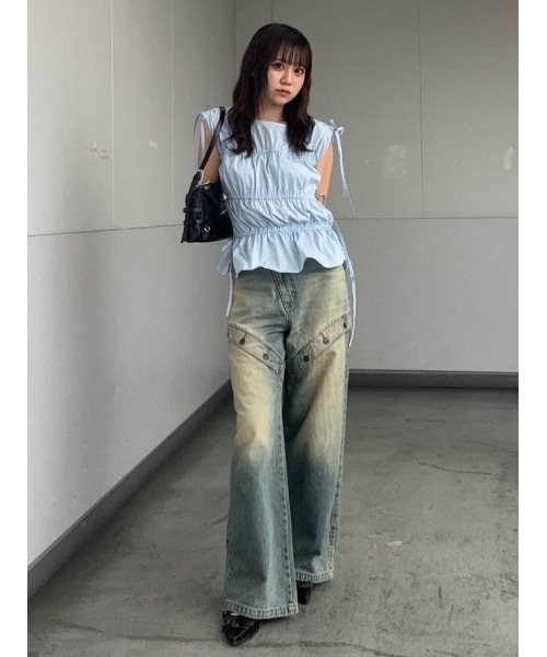 SLY(スライ)の「GATHER RIBBON WOVEN BL ギャザーリボン ウーブン ブラウス 夏服 ノースリーブトップス(シャツ/ブラウス・レディース・ブラック/ホワイト/ライトブルー・FREE)」の21枚目の写真