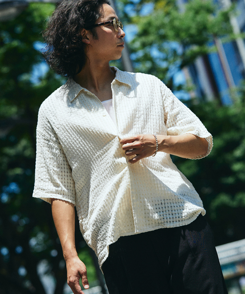 JOURNAL STANDARD relume(ジャーナルスタンダード レリューム)の「チェック シアー ドビー 半袖 シャツ(シャツ/ブラウス・メンズ・ブルー系その他/ブラウン系その他/ホワイト・LARGE/MEDIUM)」の1枚目の写真