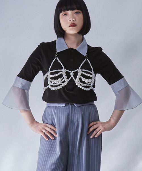 cccmalie シーマリー シアーポロ襟カットソー ポロシャツ ラインスリーブポロ襟ゆったりTシャツ 春 夏[品番：SHNW0009537