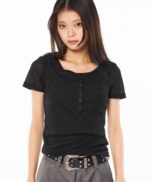 WISH FOR EVER(ウィッシュフォーエバー)の「LAYERED DOCKING HENRY NECK T / レイヤードドッキングヘンリーネックT(Tシャツ/カットソー・レディース・オフホワイト/ライトブルー/ブラック・SMALL/MEDIUM)」の3枚目の写真