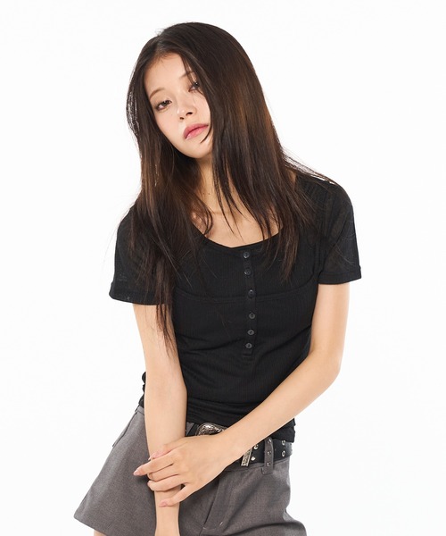 WISH FOR EVER(ウィッシュフォーエバー)の「LAYERED DOCKING HENRY NECK T / レイヤードドッキングヘンリーネックT(Tシャツ/カットソー・レディース・オフホワイト/ライトブルー/ブラック・SMALL/MEDIUM)」の12枚目の写真