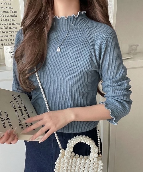 classicalelf（クラシカルエルフ）の「華奢見え叶える程よいフィット感。配色メロウリブニットトップス（長袖）（ニット/セーター・レディース・ブルー/グレー/ブラック/アイボリー/ブラウン/ベージュ/チャコール/ラベンダー・LARGE/MEDIUM/SMALL/X-LARGE）」の7枚目の写真