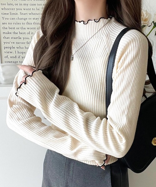 classicalelf（クラシカルエルフ）の「華奢見え叶える程よいフィット感。配色メロウリブニットトップス（長袖）（ニット/セーター・レディース・ブルー/グレー/ブラック/アイボリー/ブラウン/ベージュ/チャコール/ラベンダー・LARGE/MEDIUM/SMALL/X-LARGE）」の11枚目の写真