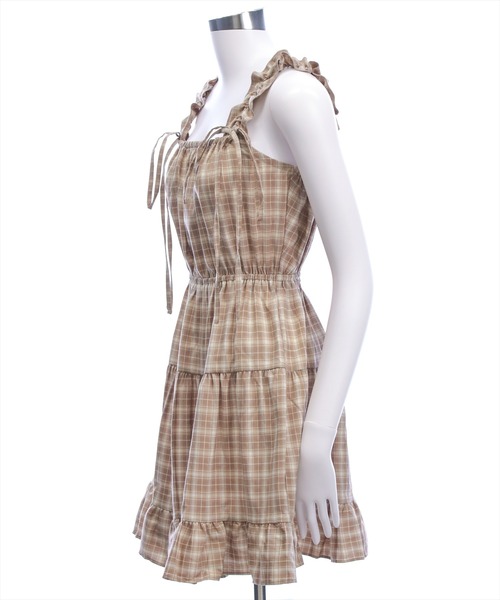 clear（クリア）の「リボンフリルミニキャミワンピース[チェック柄 ガーリー]≪SS新作≫（ワンピース・レディース・ボルドー/ブラウン/ベージュ・F）」の10枚目の写真