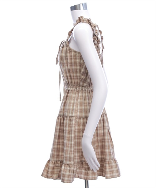 clear（クリア）の「リボンフリルミニキャミワンピース[チェック柄 ガーリー]≪SS新作≫（ワンピース・レディース・ボルドー/ブラウン/ベージュ・F）」の11枚目の写真