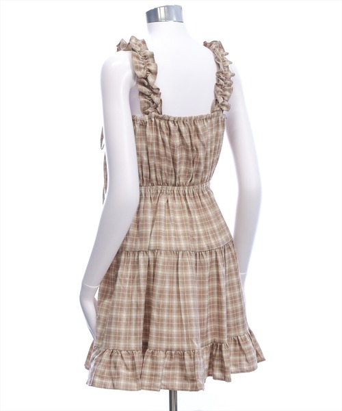 clear（クリア）の「リボンフリルミニキャミワンピース[チェック柄 ガーリー]≪SS新作≫（ワンピース・レディース・ボルドー/ブラウン/ベージュ・F）」の12枚目の写真