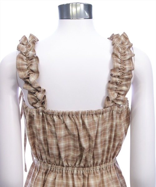 clear（クリア）の「リボンフリルミニキャミワンピース[チェック柄 ガーリー]≪SS新作≫（ワンピース・レディース・ボルドー/ブラウン/ベージュ・F）」の14枚目の写真