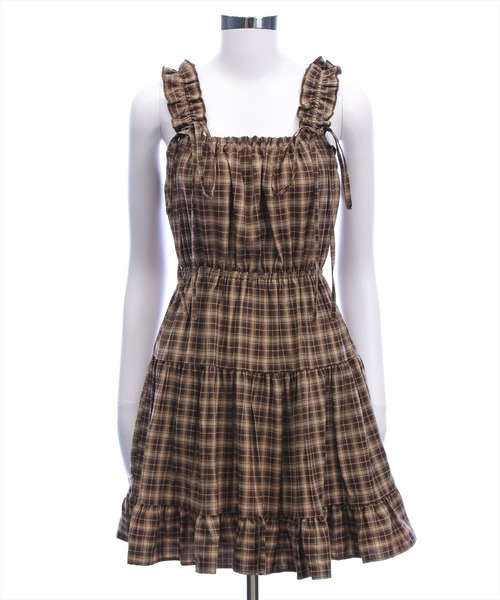 clear（クリア）の「リボンフリルミニキャミワンピース[チェック柄 ガーリー]≪SS新作≫（ワンピース・レディース・ボルドー/ブラウン/ベージュ・F）」の19枚目の写真
