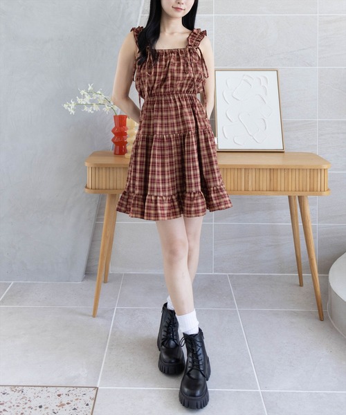 clear（クリア）の「リボンフリルミニキャミワンピース[チェック柄 ガーリー]≪SS新作≫（ワンピース・レディース・ボルドー/ブラウン/ベージュ・F）」の21枚目の写真