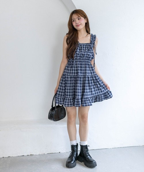 clear（クリア）の「リボンフリルミニキャミワンピース[チェック柄 ガーリー 春夏 抜け感]（ワンピース・レディース・ボルドー/ブラウン/ベージュ/ネイビー・F）」の7枚目の写真