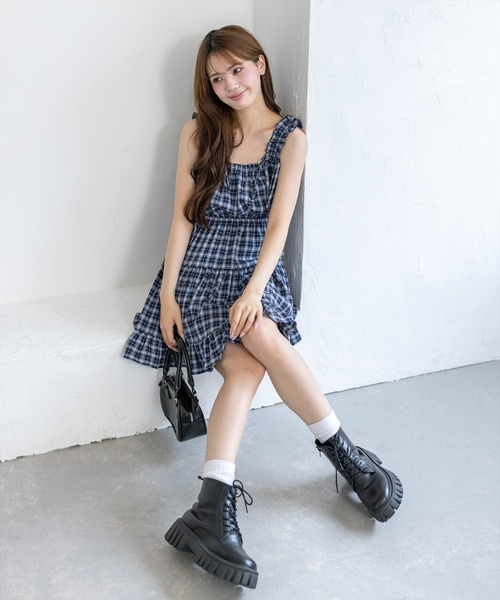 clear（クリア）の「リボンフリルミニキャミワンピース[チェック柄 ガーリー 春夏 抜け感]（ワンピース・レディース・ボルドー/ブラウン/ベージュ/ネイビー・F）」の9枚目の写真