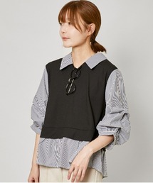 《フェイクレイヤード×タック袖》レディース テレコドッキングトップス 長袖 春秋冬