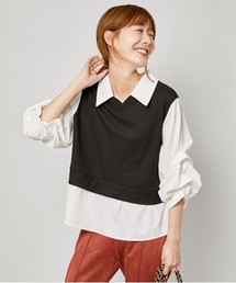 《フェイクレイヤード×タック袖》レディース テレコドッキングトップス 長袖 春秋冬