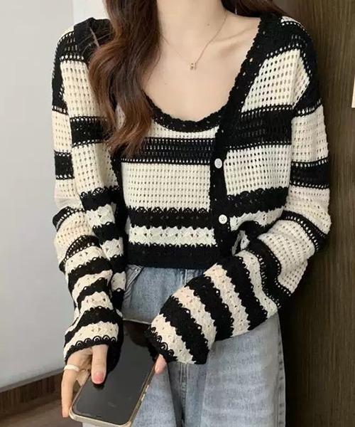 SEN TOKYO（セントーキョー）の「ボーダー アンサンブルニット レイヤード（ニット/セーター・レディース・ブラック/ブラウン/ネイビー・FREE）」の2枚目の写真