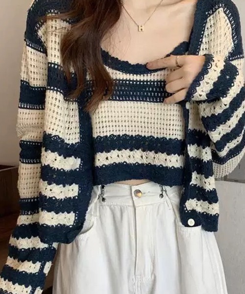 SEN TOKYO（セントーキョー）の「ボーダー アンサンブルニット レイヤード（ニット/セーター・レディース・ブラック/ブラウン/ネイビー・FREE）」の6枚目の写真