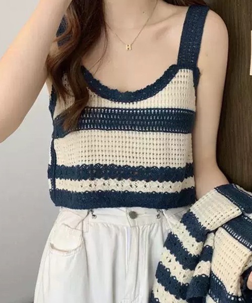 SEN TOKYO（セントーキョー）の「ボーダー アンサンブルニット レイヤード（ニット/セーター・レディース・ブラック/ブラウン/ネイビー・FREE）」の7枚目の写真