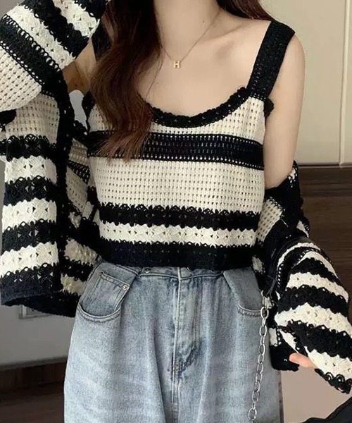 SEN TOKYO（セントーキョー）の「ボーダー アンサンブルニット レイヤード（ニット/セーター・レディース・ブラック/ブラウン/ネイビー・FREE）」の9枚目の写真