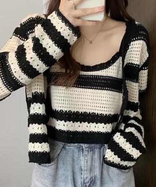 SEN TOKYO（セントーキョー）の「ボーダー アンサンブルニット レイヤード（ニット/セーター・レディース・ブラック/ブラウン/ネイビー・FREE）」の10枚目の写真