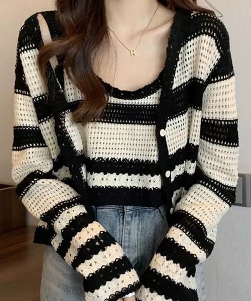 SEN TOKYO（セントーキョー）の「ボーダー アンサンブルニット レイヤード（ニット/セーター・レディース・ブラック/ブラウン/ネイビー・FREE）」の11枚目の写真