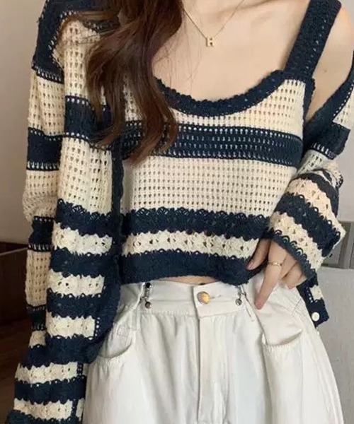 SEN TOKYO（セントーキョー）の「ボーダー アンサンブルニット レイヤード（ニット/セーター・レディース・ブラック/ブラウン/ネイビー・FREE）」の14枚目の写真