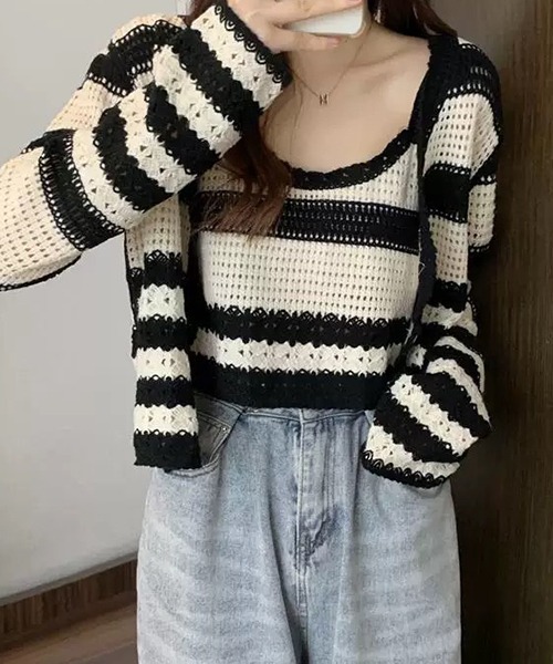 SEN TOKYO（セントーキョー）の「ボーダー アンサンブルニット レイヤード（ニット/セーター・レディース・ブラック/ブラウン/ネイビー・FREE）」の17枚目の写真