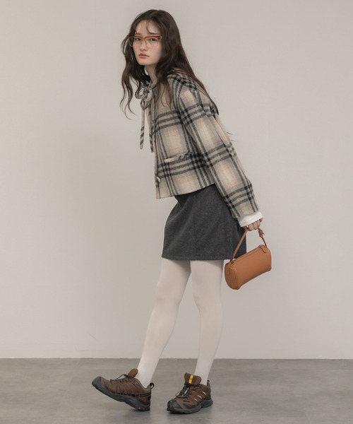 HEILIS リボンタイショートコート　チェック　ベージュ　ショート丈 HEILIS（ヘイリス） ジャケット ノーカラージャケット レディース