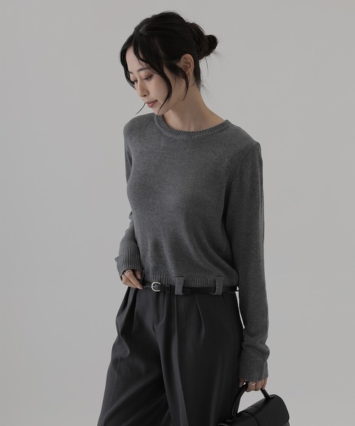 SUWDEE（スーディー）の「crew neck belted knit pullover（ニット/セーター・レディース・ダークグレー/ブラック・FREE）」の2枚目の写真