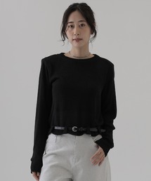 crew neck belted knit pullover