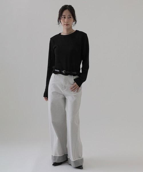 SUWDEE（スーディー）の「crew neck belted knit pullover（ニット/セーター・レディース・ダークグレー/ブラック・FREE）」の3枚目の写真