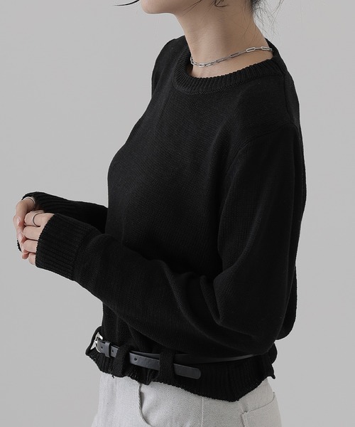 SUWDEE（スーディー）の「crew neck belted knit pullover（ニット/セーター・レディース・ダークグレー/ブラック・FREE）」の5枚目の写真