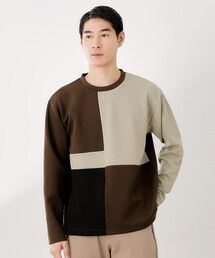 【一枚で着映える】パターンブロッキング長袖Tシャツ 洗濯機OK
