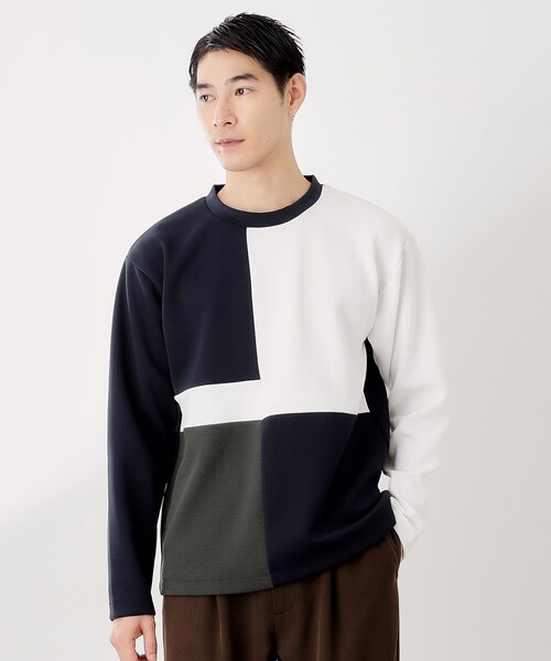 THE SHOP TK (ザ ショップ ティーケー )の「【一枚で着映える】パターンブロッキング長袖Tシャツ 洗濯機OK(Tシャツ/カットソー・メンズ・ダークブラウン/オフホワイト/ブルー系その他・04/03/02)」の3枚目の写真