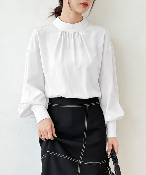 ONEP STAR(ワンピスター)の「バルーン袖スタンドカラーブラウス(シャツ/ブラウス・レディース・ライトブラウン/ブラック/ワイン/グレイッシュベージュ/ホワイト/グリーン/ライトグリーン/ベージュ・FREE)」の11枚目の写真