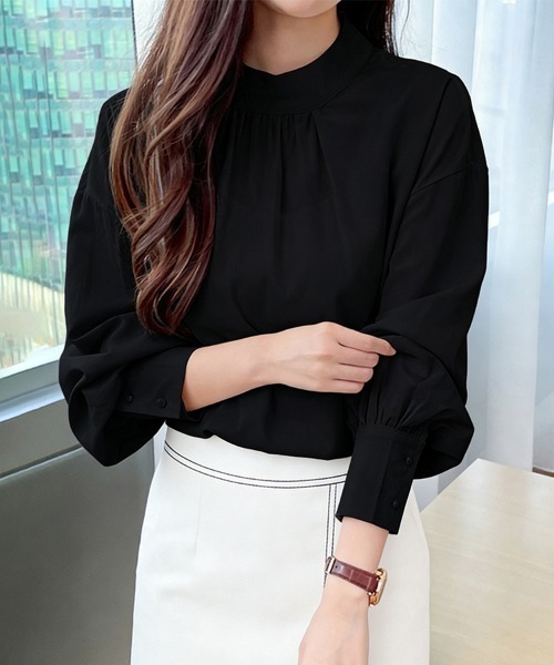 ONEP STAR(ワンピスター)の「バルーン袖スタンドカラーブラウス(シャツ/ブラウス・レディース・ライトブラウン/ブラック/ワイン/グレイッシュベージュ/ホワイト/グリーン/ライトグリーン/ベージュ・FREE)」の14枚目の写真