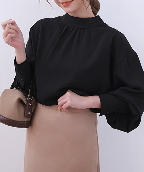 ONEP STAR(ワンピスター)の「バルーン袖スタンドカラーブラウス(シャツ/ブラウス・レディース・ライトブラウン/ブラック/ワイン/グレイッシュベージュ/ホワイト/グリーン/ライトグリーン/ベージュ・FREE)」の18枚目の写真