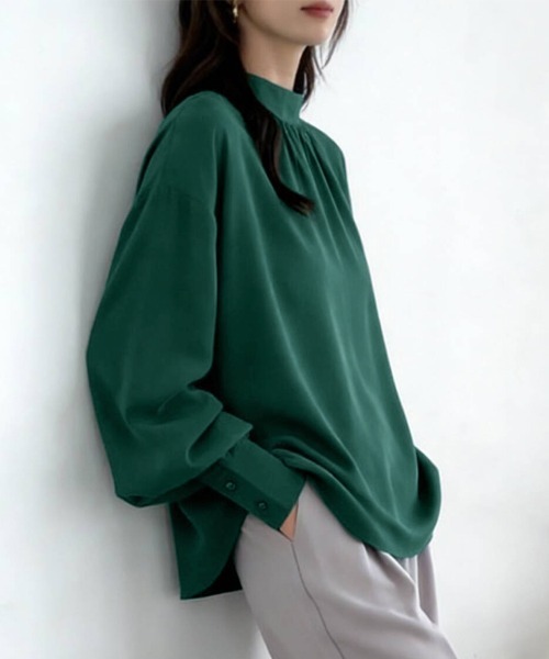 ONEP STAR(ワンピスター)の「バルーン袖スタンドカラーブラウス(シャツ/ブラウス・レディース・ライトブラウン/ブラック/ワイン/グレイッシュベージュ/ホワイト/グリーン/ライトグリーン/ベージュ・FREE)」の19枚目の写真