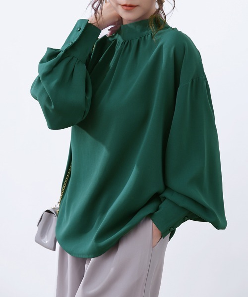 ONEP STAR(ワンピスター)の「バルーン袖スタンドカラーブラウス(シャツ/ブラウス・レディース・ライトブラウン/ブラック/ワイン/グレイッシュベージュ/ホワイト/グリーン/ライトグリーン/ベージュ・FREE)」の21枚目の写真